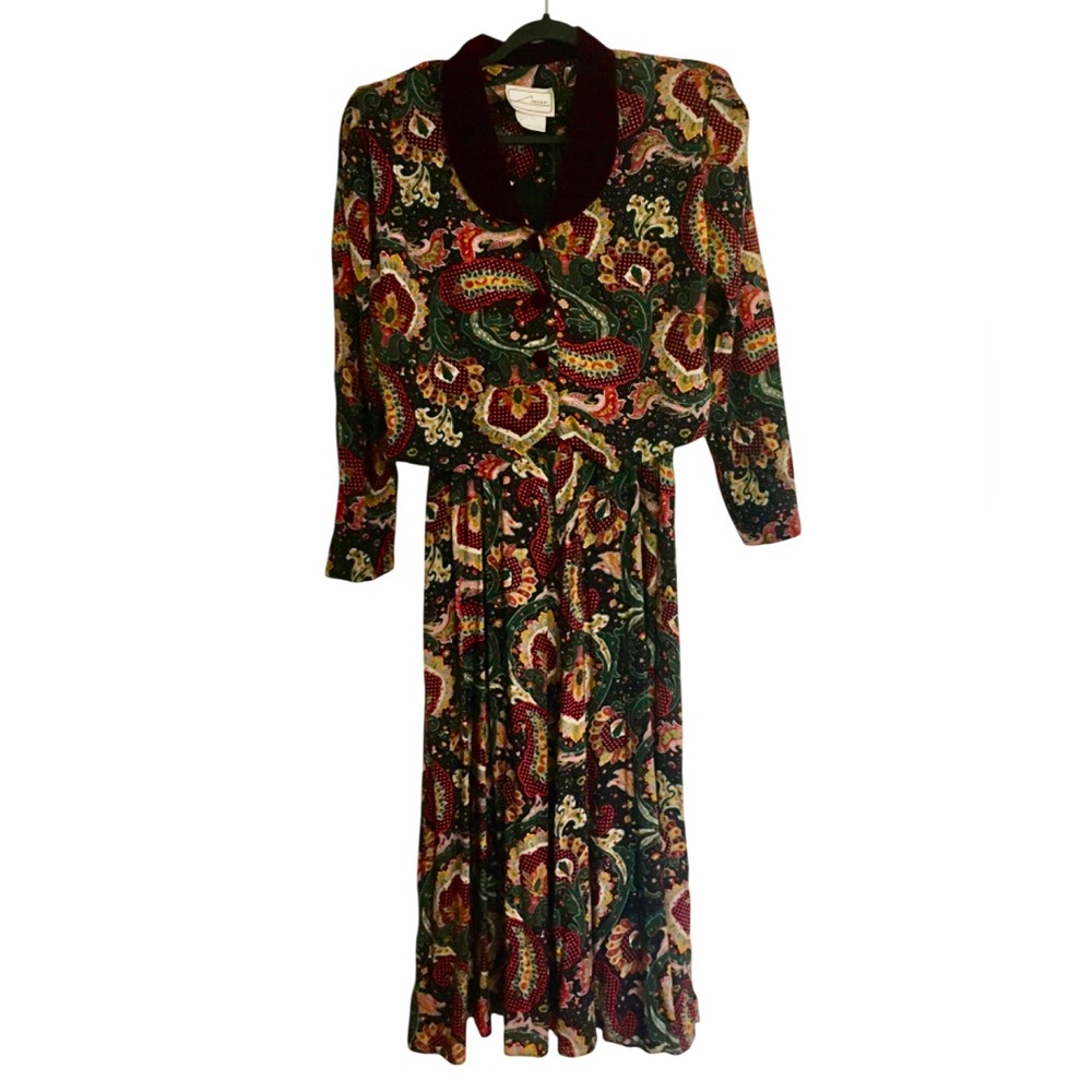 Vintage 80s Whimsigoth Dress Velvet Paisley 2 Piece Jacket